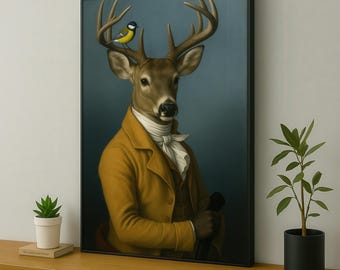 Deer in Suit Canvas Painting with Bird, Whimsical Animal Portrait Wall Art, Funny Anthropomorphic Decor, Modern Home Decor, Unique Gift