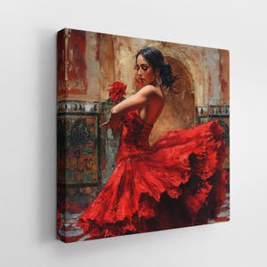 May include: A woman in a red flamenco dress dances in a room with a tiled floor. She holds a red rose in her hand and her hair is pulled back in a bun.