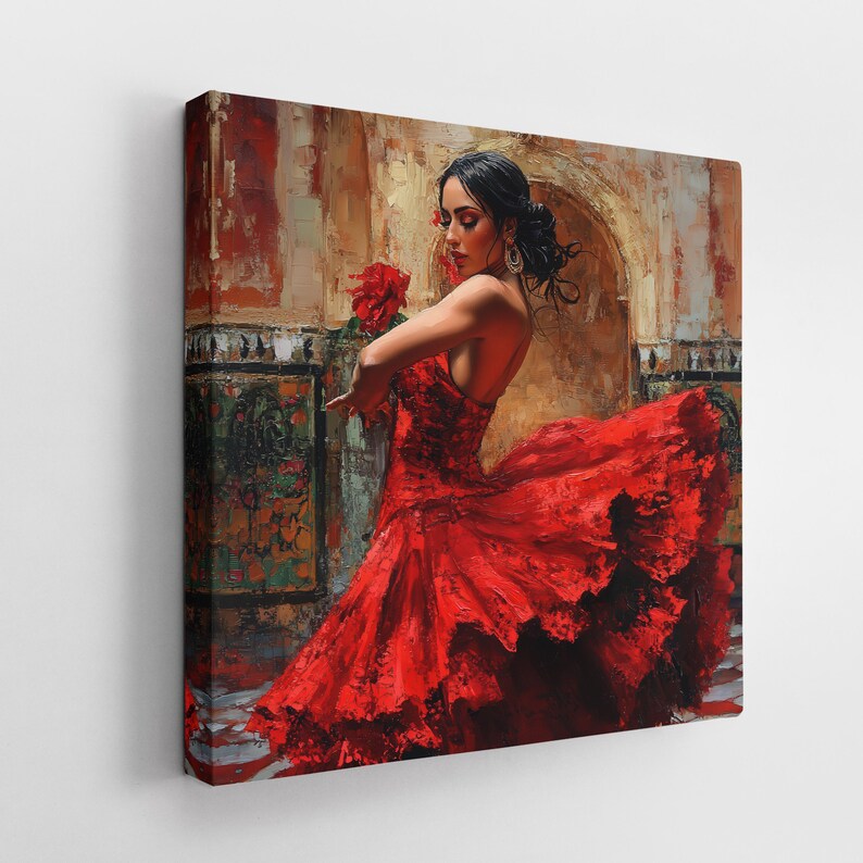 May include: A woman in a red flamenco dress dances in a room with a tiled floor. She holds a red rose in her hand and her hair is pulled back in a bun.