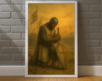 Knight Prayer Canvas Painting, Crusader Kneeling with Sword and Shield, Medieval Christian Wall Art, Spiritual Warrior Decor, Gift Idea