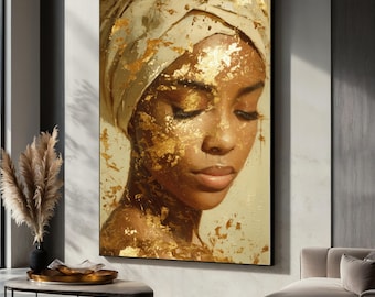 Elegant Woman Portrait Canvas, Gold Leaf Art Print, Abstract Face Wall Decor, Modern Feminine Canvas, Luxury Home Decoration