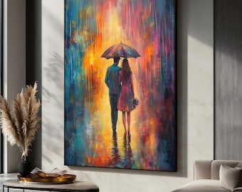 Abstract Romantic Couple Canvas Painting Walking in Rain, Colorful Love Wall Art, Anniversary or Valentine’s Day Gift for Her or Him