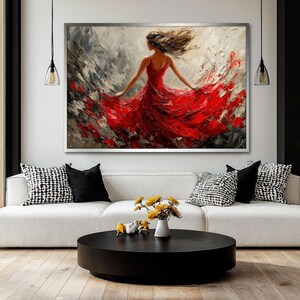 May include: A painting of a woman in a red dress with her hair blowing in the wind. The background is a blurry abstract painting of gray and white.