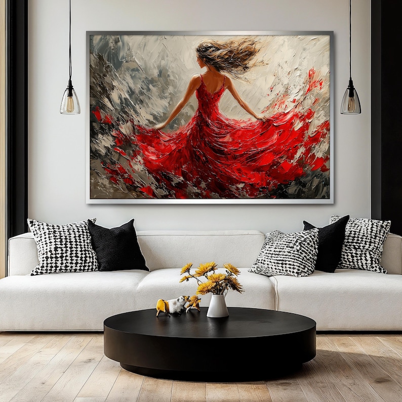 May include: A painting of a woman in a red dress with her hair blowing in the wind. The background is a blurry abstract painting of gray and white.