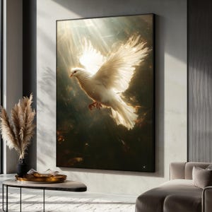 Come Holy Spirit Canvas Wall Art, Radiant White Dove Surrounded by Light and Fire, Inspiring Religious Scene for Christian Home, Gift Idea