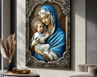 Blessed Virgin Mary and Baby Jesus Canvas Painting, Catholic Wall Art, Religious Home Decor, Holy Mother Gift, Christian Artwork, Gift Idea