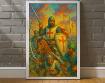 Crusader Knights Canvas Painting, Medieval Holy War Wall Art, Religious Print, Christian Warrior Scene With Fiery Sky, Spiritual Gift