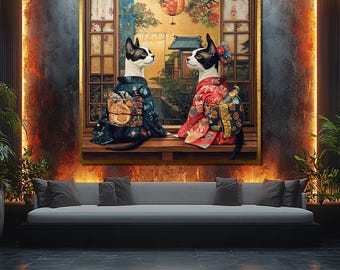 Kimono Katzen Japanisches Gemälde - Süßes Katzen Paar in Traditioneller Kleidung Wandkunst für Skurriles Orientalisches Wohndekor oder Geschenkidee