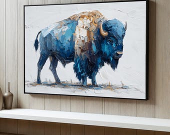 Blue Buffalo Abstract Canvas Print, Modern Animal Wall Art, Bison Painting, Nature Wildlife Decor, Ready to Hang Canvas, Art Gift