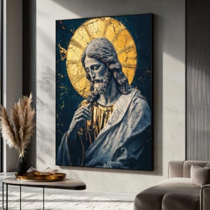 Sacred Jesus Canvas Painting, Golden Halo Christian Wall Art, Religious Catholic Decor, Spiritual Gift, Faith-Inspired Home Artwork