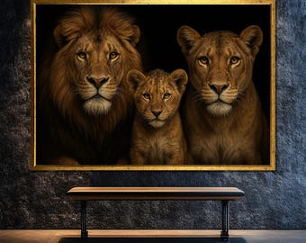 Lion Family Canvas Painting with Father, Mother and Cub, Warm Wildlife Wall Art, Majestic Animal Gift for Nature and Safari Lovers
