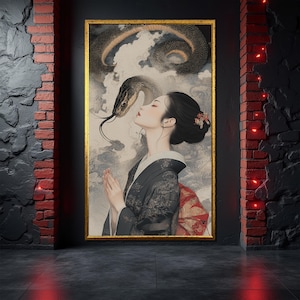 Japanese Woman and Snake Canvas Painting – Mysterious Geisha in Black Kimono with Serpent for Dark Oriental Wall Art or Unique Gift