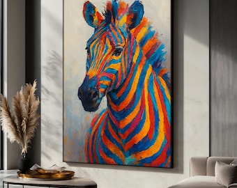 Colorful Zebra Canvas Painting, Vibrant Animal Wall Art, Abstract Canvas, Zebra Art Print, Rainbow Zebra Artwork, Safari Decor, Unique Gift