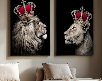 Royal Lion And Lioness Canvas Painting, 2 Piece Crown Animal Wall Art, King And Queen Jungle Decor, Regal Duo Portrait, Unique Gift