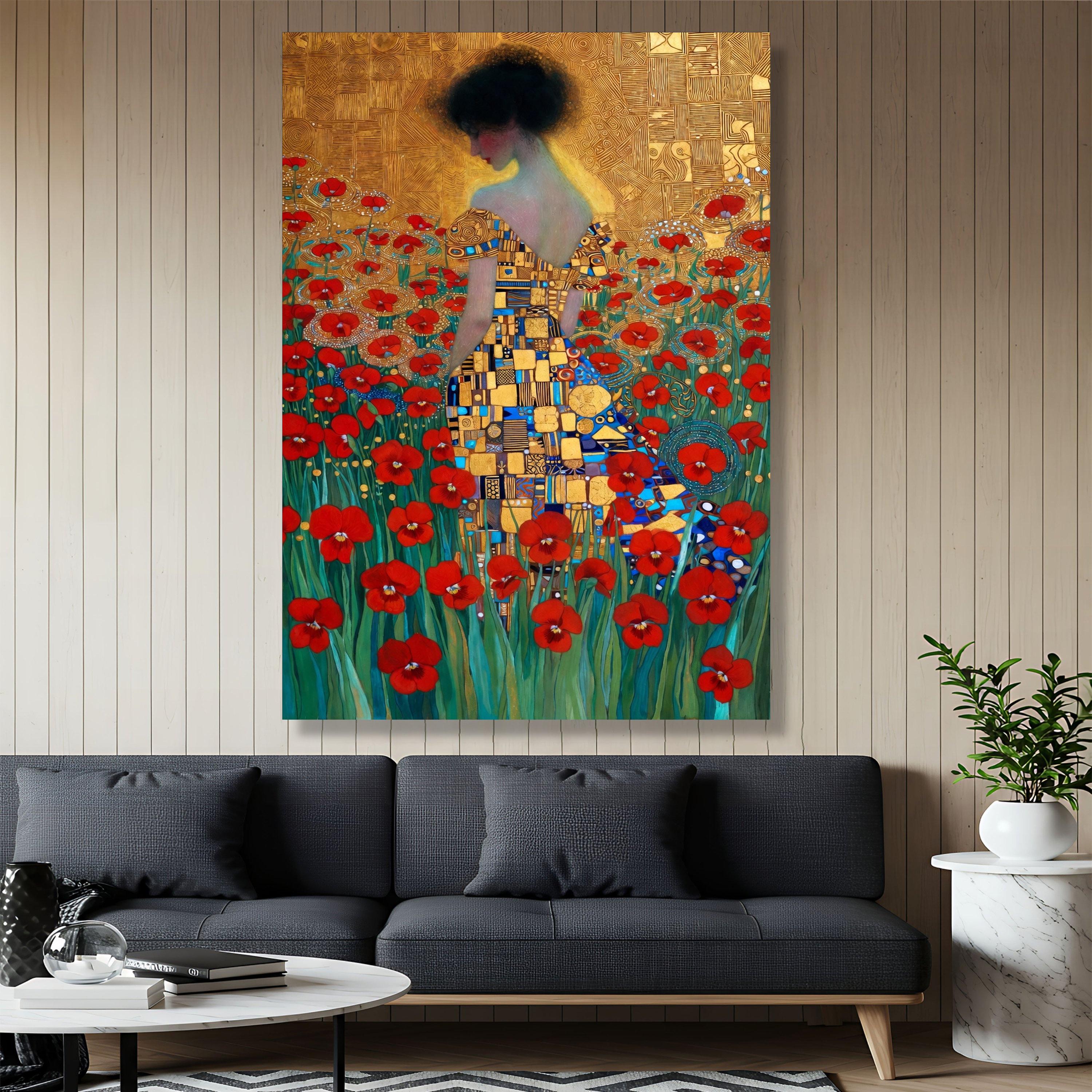 Gustav Klimt Woman in Red Poppy Field, Floral Canvas Wall Art, Artistic ...