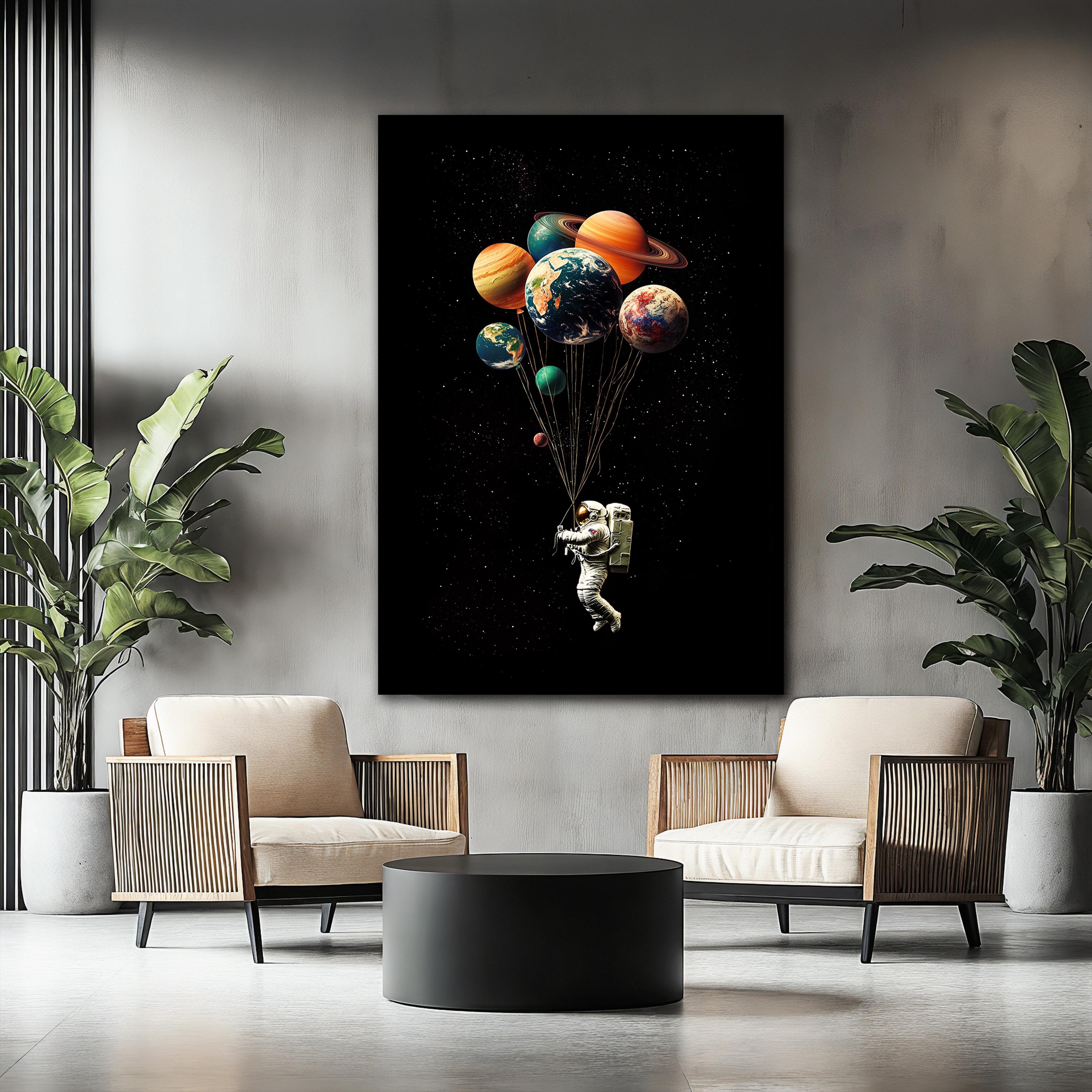 Astronaut Canvas Painting With Planets as Balloons, Space Wall Art ...