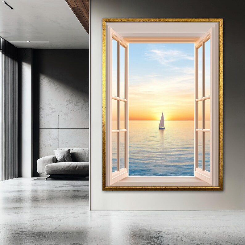Fake Window Canvas Painting, Ocean Sunset Wall Art, Sailing Boat Canvas ...