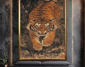 Traditionelle japanische Tiger Leinwand Malerei, wilde Tier Wandkunst, Vintage Dschungel-Dekor für Haus oder Büro, Geschenk für Ihn