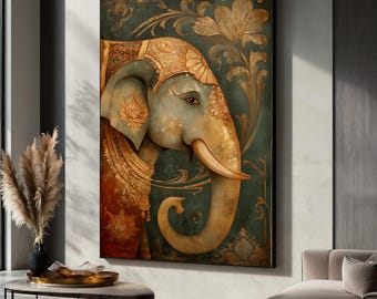 Ornate Elephant Head Canvas Wall Art, Traditional Indian Design, Gold Floral Pattern, Exotic Wildlife Decor,  Ethnic Poster, Gift Idea