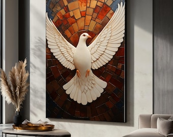 Witte duif met gespreide vleugels canvasafdruk, symbolische duif kunst aan de muur, vrede en vrijheid decor, christelijk interieur, spiritueel cadeau
