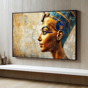Peinture sur toile de la reine Néfertiti, art mural égyptien, portrait de l&#39;Egypte ancienne, toile bleu et or, décoration d&#39;intérieur, décoration murale de luxe, cadeau unique
