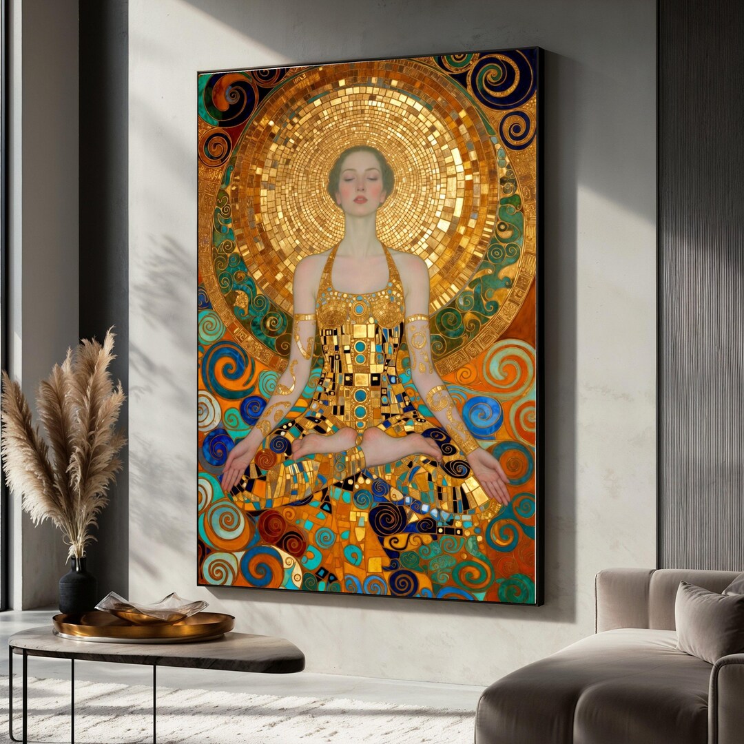 Gustav Klimt Meditative Woman Canvas, Golden Geometric Abstract Art ...