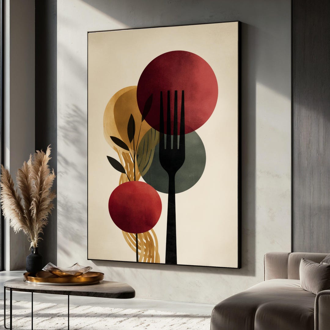 abstract kitchen art prints: modern line drawing set... Modern Abstract Kitchen Art, Fork Silhouette Canvas, Colorful Circles ...