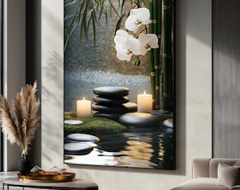 May include: A framed print of a zen garden scene with white orchids, bamboo stalks, and smooth gray stones arranged in a pond with rippling water. Two lit candles are placed on the stones.