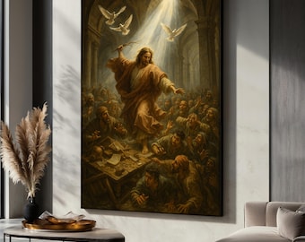 Jesus Cleansing the Temple Canvas Painting, Dramatic Christian Wall Art, Religious Art Decor, Christian Home Decor, Spiritual Gift Idea
