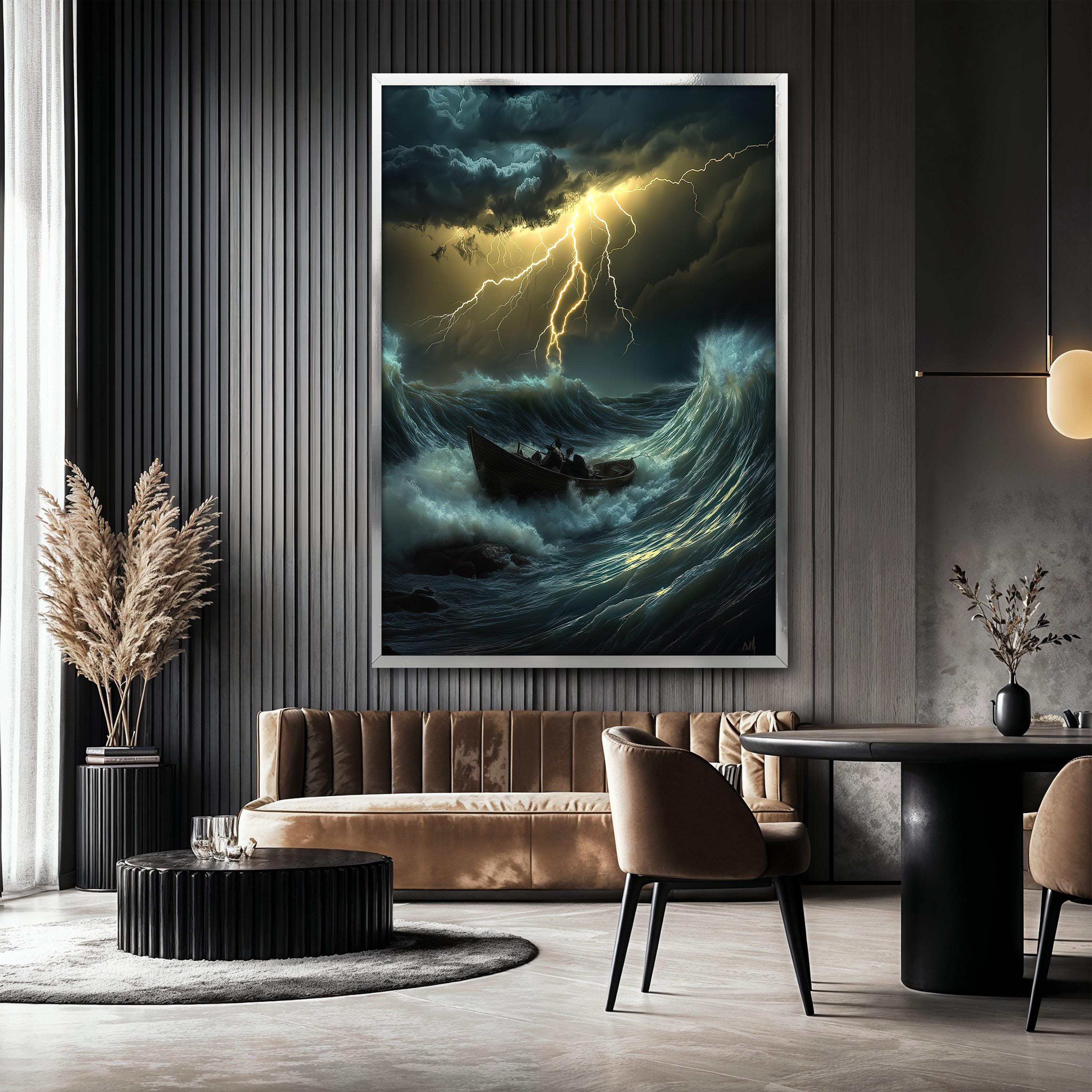 Stormy Sea and Lightning Art Print, Dramatic Ocean Waves Wall Art, Boat ...