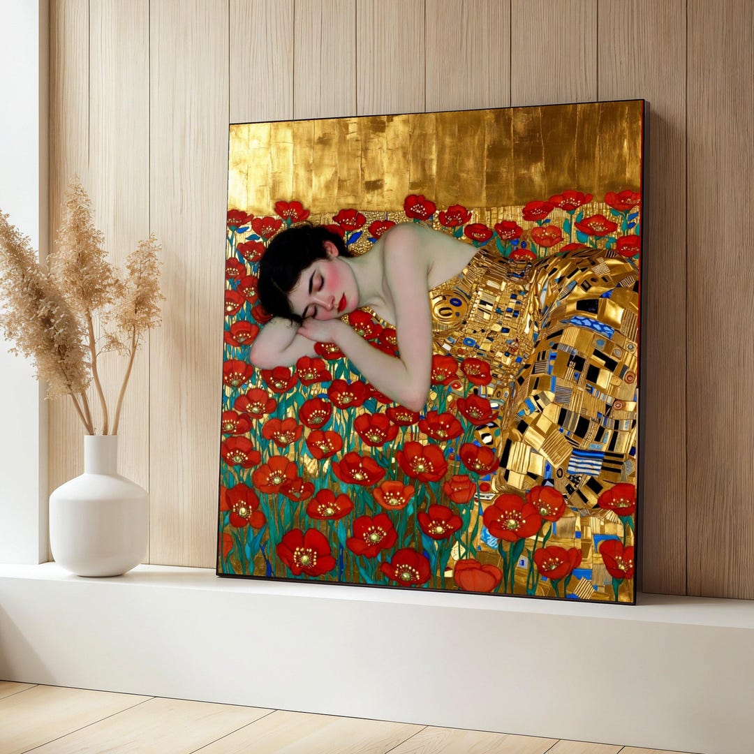 Gustav Klimt Sleeping Woman Canvas, Red Poppy Field Wall Art, Golden ...
