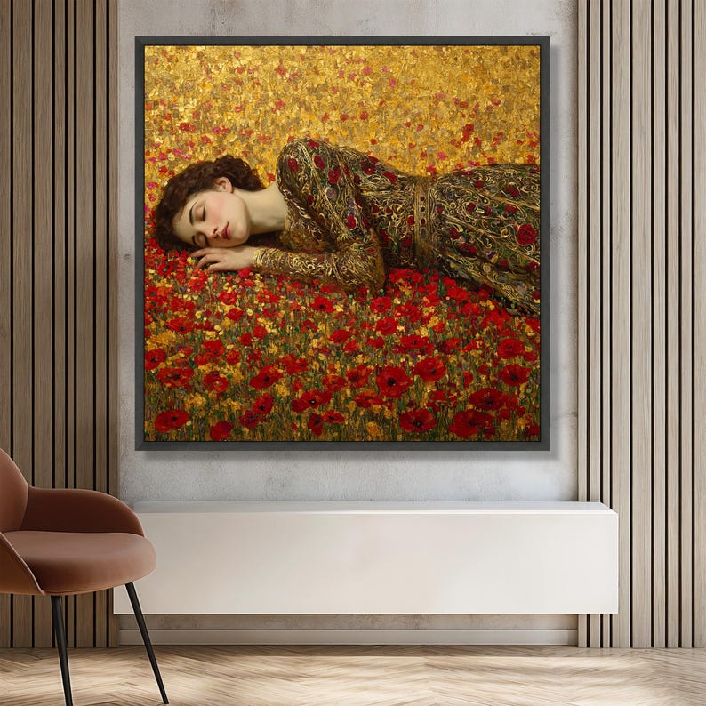 Gustav Klimt Sleeping Woman Canvas Wall Art, Floral Landscape Painting ...