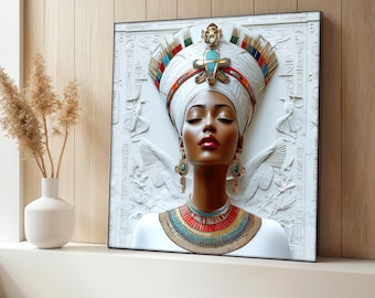 Elegant African Queen Canvas Painting, White And Gold Wall Art, Regal Woman Portrait For Home Decor, African Queen Poster, Unique Gift Idea