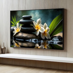 Zen Stones Canvas Painting, Spa Flower Wall Art, Relaxing Nature Decor, Tranquil Zen Print, Calming Gift For Meditation Lovers