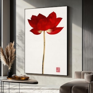 Minimalist Red Lotus Flower Canvas Painting, Asian Inspired Wall Art, Minimalist Lotus art Decor, Elegant Floral Gift for Modern Homes