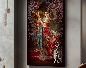 Geisha Canvas Painting in Traditional Kimono, Japanese Woman Wall Art with Cherry Blossoms, Oriental Home Decor, Elegant Art Gift