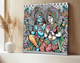 Radha Krishna Canvas Painting, Indian Folk Art Wall Decor, Spiritual Hindu Couple Artwork, Vibrant Traditional Design, Divine Art Gift