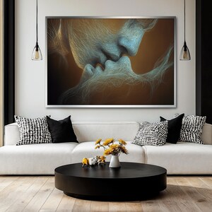 May include: Abstract art print of two people kissing, with a blue and brown colour scheme. The print is framed in a silver frame.