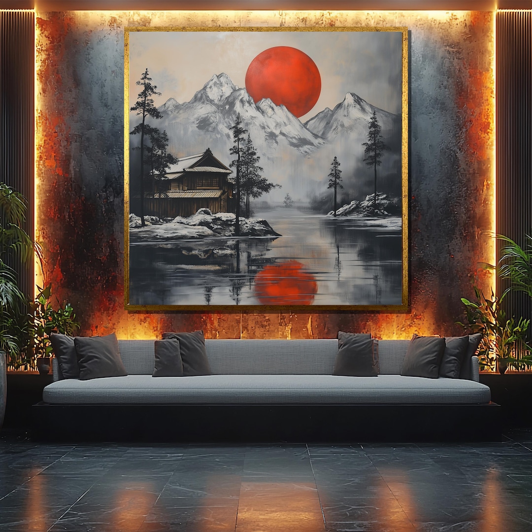 Japanese Landscape Canvas Painting, Red Sun Mountain Wall Art ...
