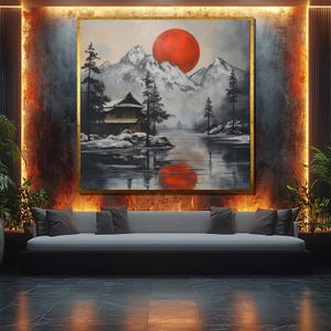 Japanese Landscape Canvas Painting, Red Sun Mountain Wall Art, Traditional Japan Nature Decor, Serene Zen Gift Artwork