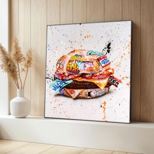 Graffiti Burger Canvas Painting, Colorful Pop Art Fast Food Wall Decor, Modern Urban Artwork, Fun Gift, Living Room Decor, Perfect Gift