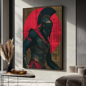 Spartan Warrior Canvas Painting, Ancient Greek Gladiator Wall Art With Red Sun Background, Gladiator Wall Print, Epic Art Gift Idea