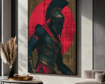 Spartan Warrior Canvas Painting, Ancient Greek Gladiator Wall Art With Red Sun Background, Gladiator Wall Print, Epic Art Gift Idea