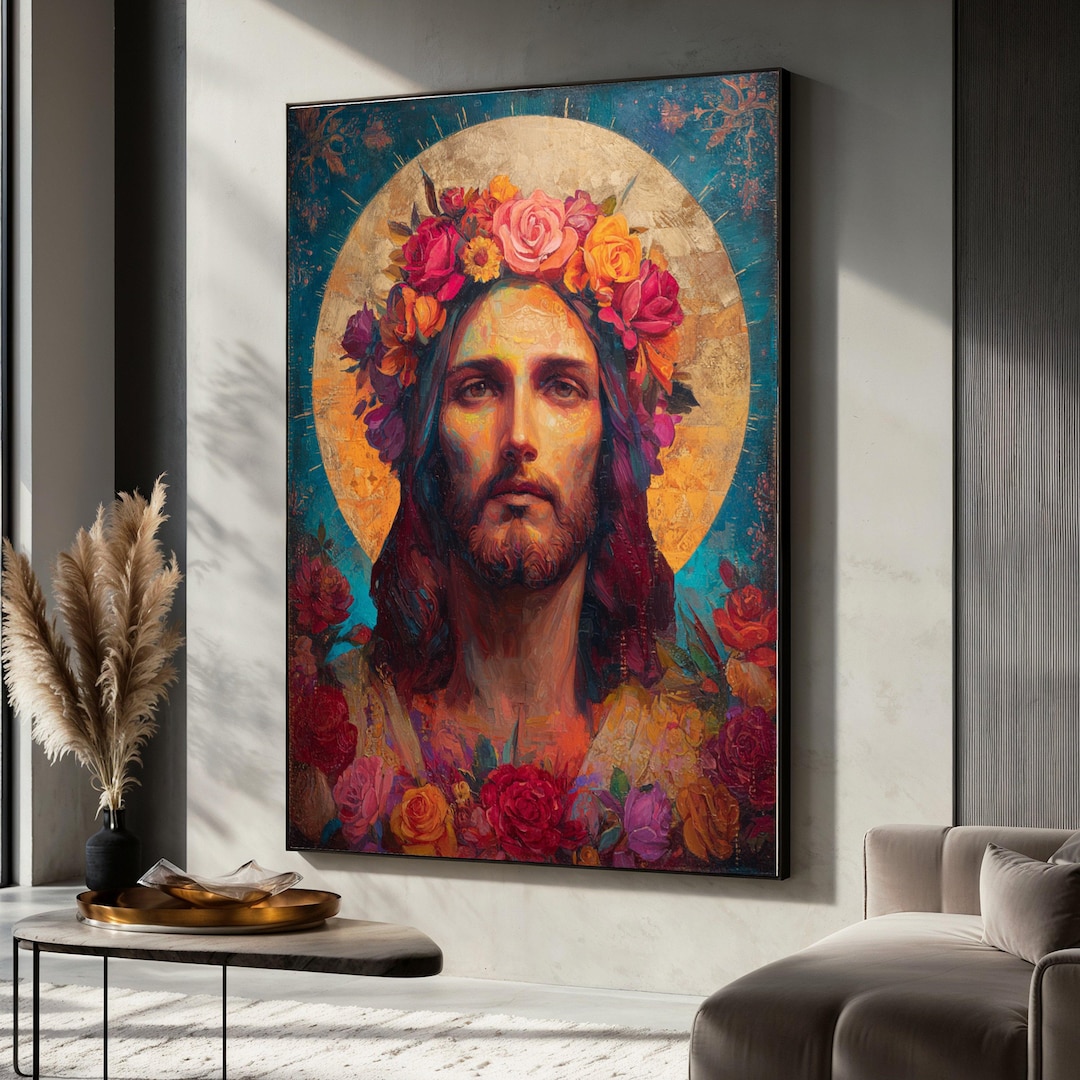Jesus Portrait Canvas Painting, Colorful Religious Wall Art With Floral ...