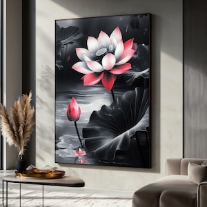 Black and White Lotus Canvas Painting with Red Accents, Elegant Floral Wall Art, Modern Zen Artwork for Home, Lotus Canvas, Gift Idea