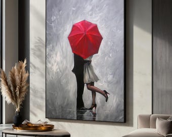 Tableau couple romantique sur toile, oeuvre d'art murale parapluie rouge, décoration d'intérieur, impression amour sous la pluie, décoration romantique moderne, cadeau d'art pour les amoureux