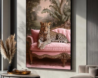 Leopard Canvas Painting on Pink Sofa, Elegant Animal Wall Art, Jungle Royal Decor for Home, Luxurious Gift Idea, Exotic Leopard Canvas Art