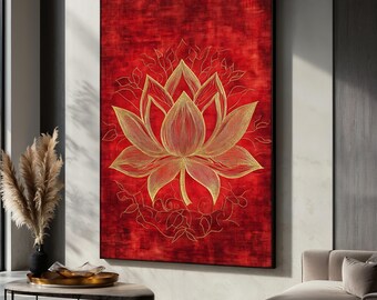Dipinto su tela con fiore di loto dorato, arte murale spirituale per l'arredamento della casa, tela con loto, arredamento per la sala yoga, regalo zen per gli amanti della meditazione