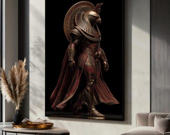 Pintura en lienzo de un dios egipcio, arte guerrero Horus, decoración de pared de mitología antigua, impresión en tonos dorados, decoración de sala de estar, regalo artístico poderoso