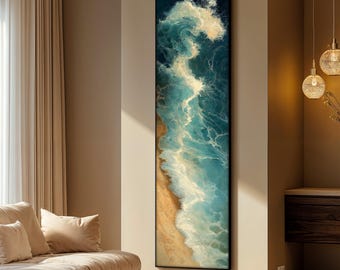 Ocean Wave Canvas Painting, Aerial Beach View Wall Art in Vertical Format, Coastal Nature Print for Home Interior, Relaxing Seaside Art Gift
